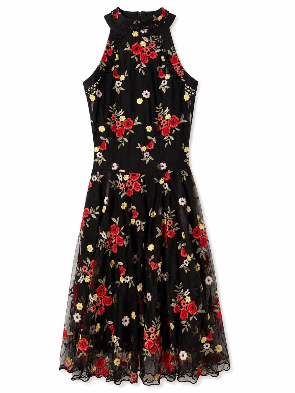 Ultra Pink XS Black Floral Embroidered Mesh Fit &
Flare Midi Dress